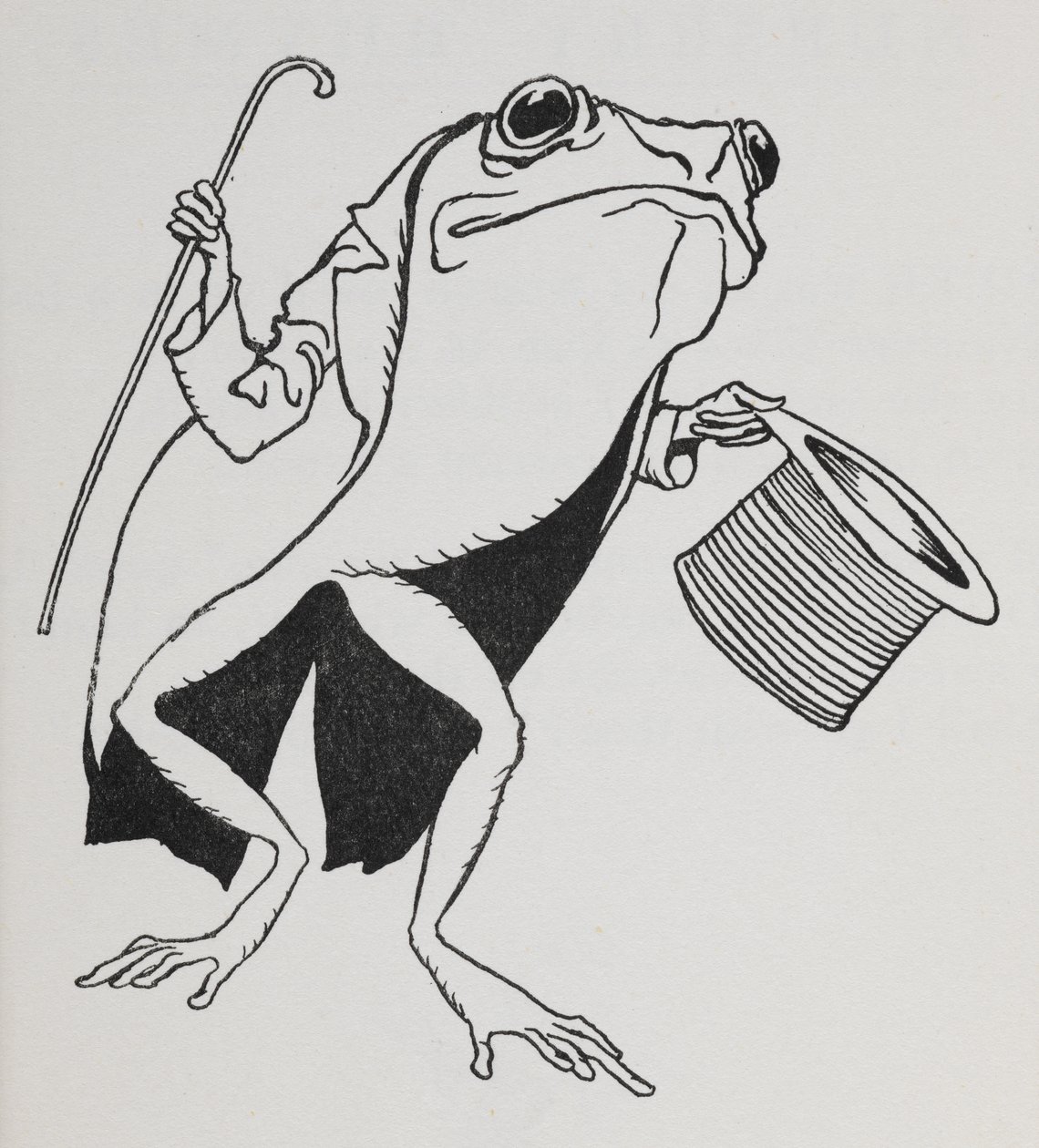 Een kikker met hoge hoed en rokkostuum, met een wandelstok door Arthur Rackham