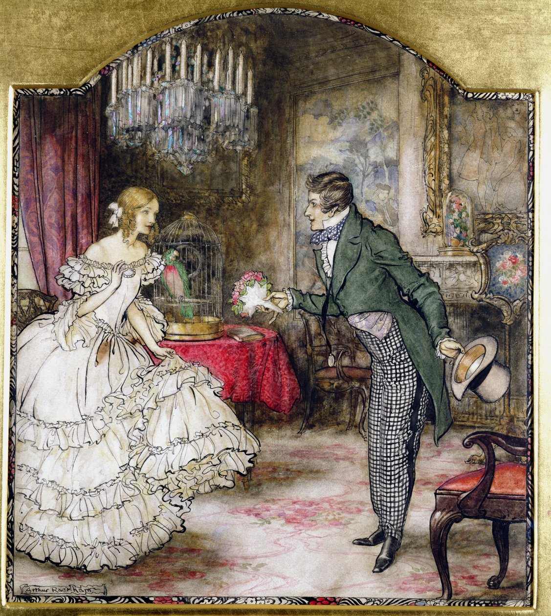 Een jonge man die een boeket aanbiedt aan een meisje in een salon door Arthur Rackham