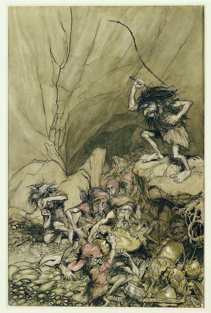 Alberich rijdt in een groep Nibelungen beladen met goud en zilver schat ...