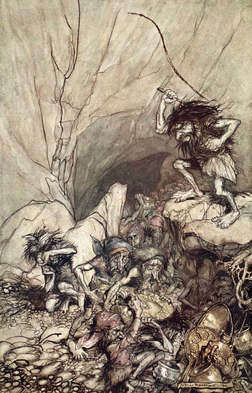 Alberich rijdt in een groep Nibelungen met goud- en zilverschatten, 1910 door Arthur Rackham