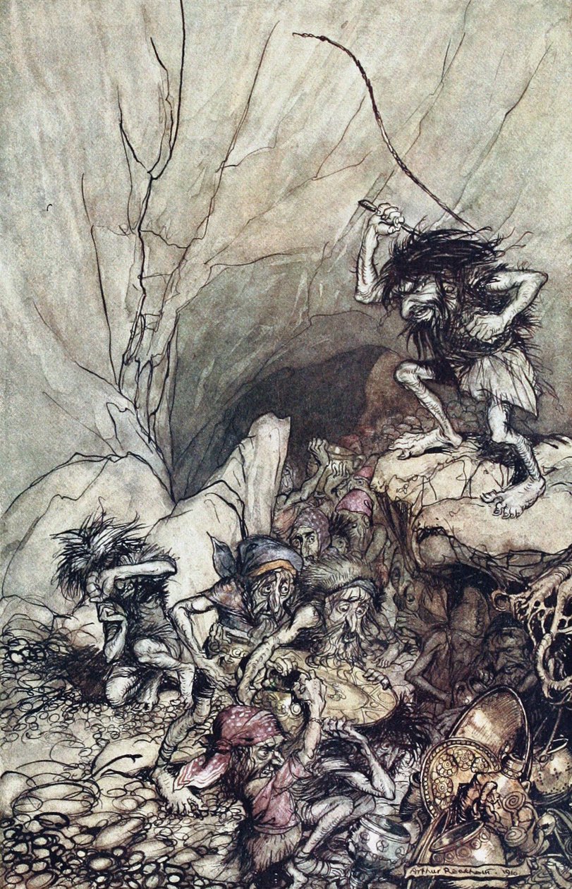 Alberich rijdt in een groep Niblungen beladen met goud en zilver schat. Illustratie voor De Rhi door Arthur Rackham