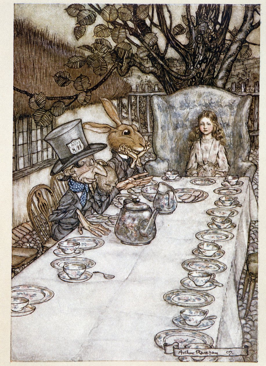 Alice neemt de "in de dwazen" (De Hoedenmaker en de Maartse Haas) - in "De Avonturen van Alice in Wonderland", Lewis Carroll, ill. door Arthur Rackham door Arthur Rackham