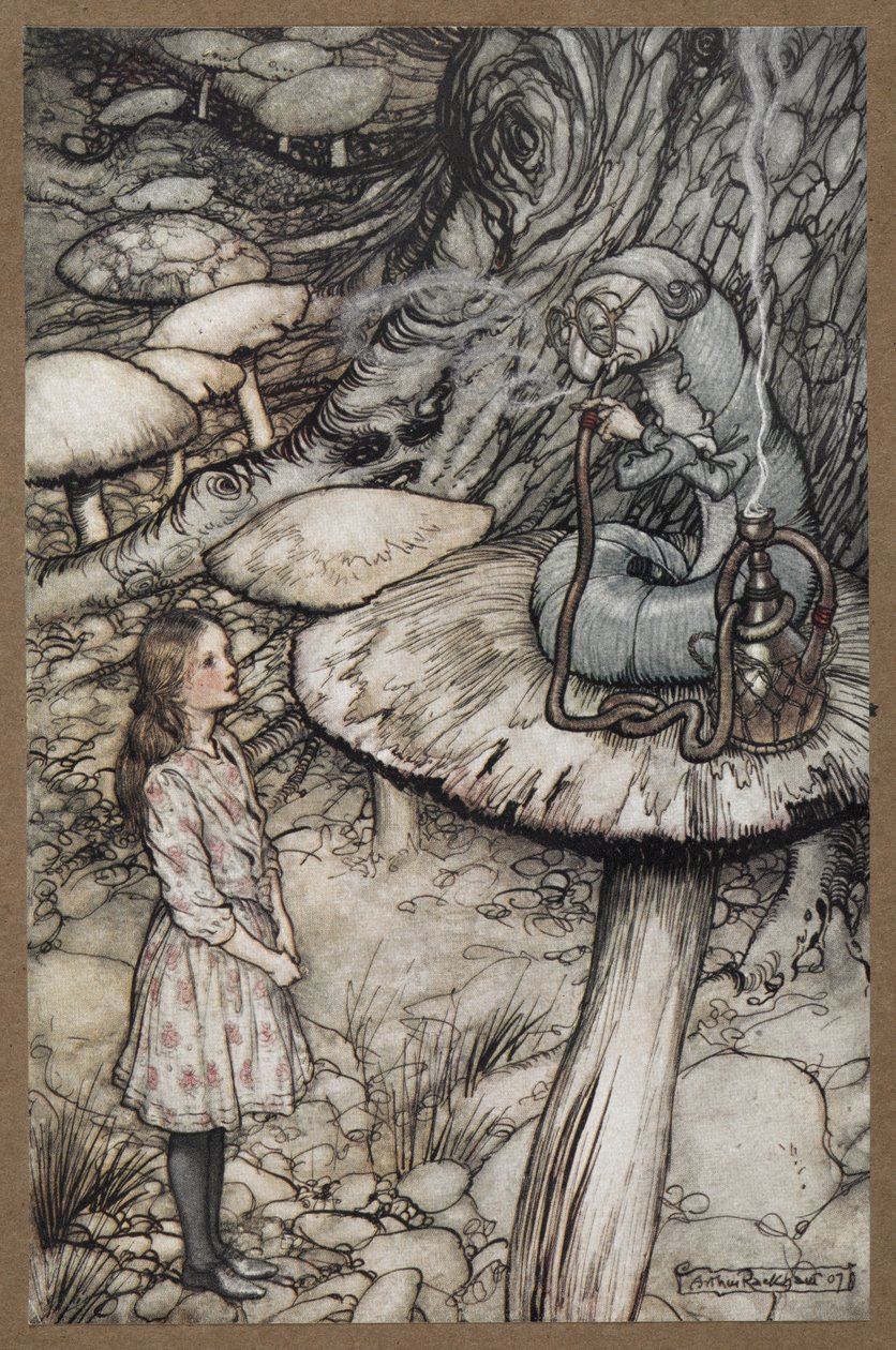 Alice praat met de rups die op een paddenstoel zit en een pijp rookt door Arthur Rackham