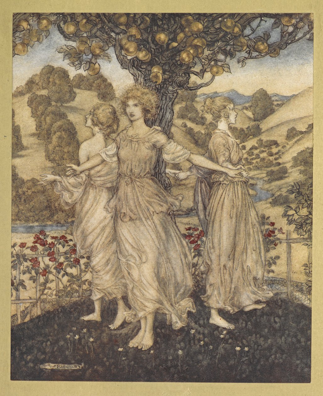 Midden in de mooie tuin, van Hesperus, en zijn drie dochters die zingen rond de gouden boom. door Arthur Rackham