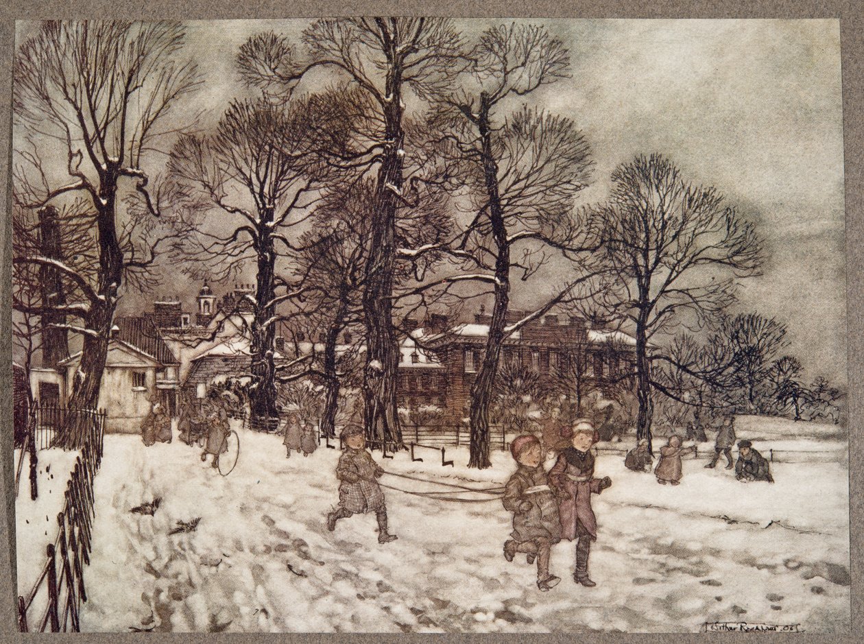 Een middag toen de tuinen wit waren van de sneeuw, uit Peter Pan in Kensington Gardens door J M Barrie (1860 - 1937), pub. 1906 door Arthur Rackham
