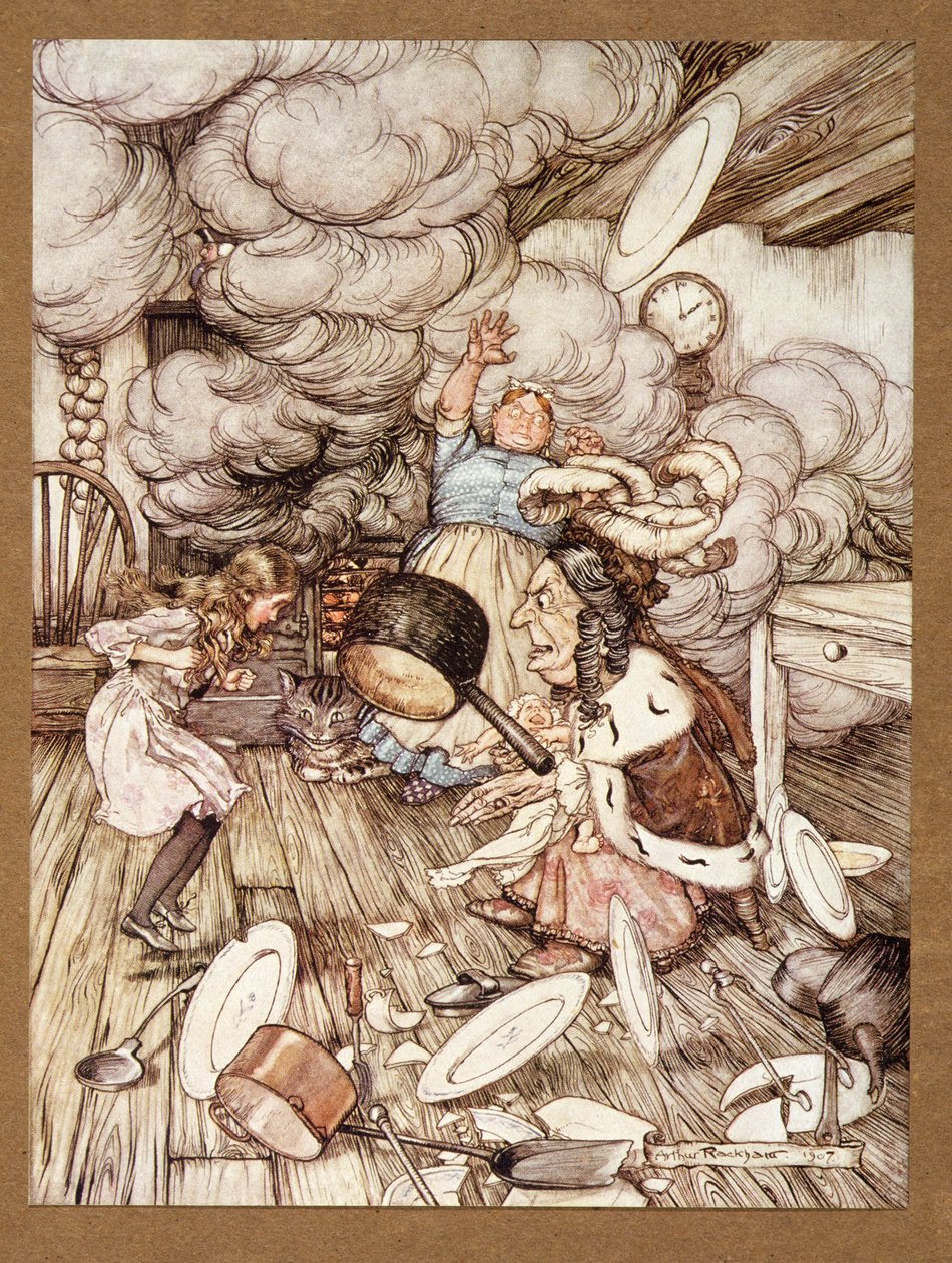 Een ongewoon grote steelpan vloog dichtbij en nam het bijna mee, uit Alice