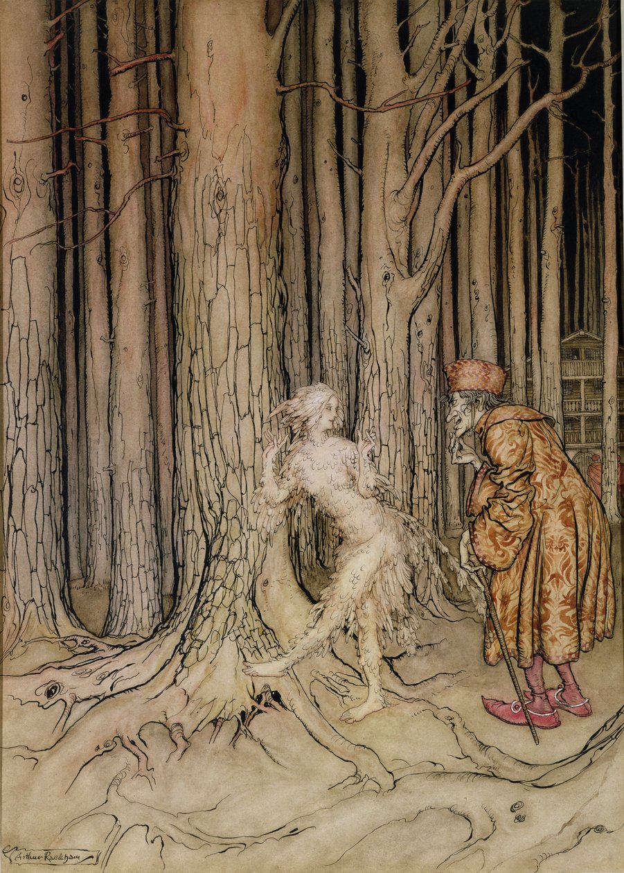 Eindelijk ontmoette ze de bruidegom die langzaam terugkwam, illustratie voor Fitchers Vogel, uit Kleine Broer, Kleine Zus, door de Gebroeders Grimm, 1917 door Arthur Rackham