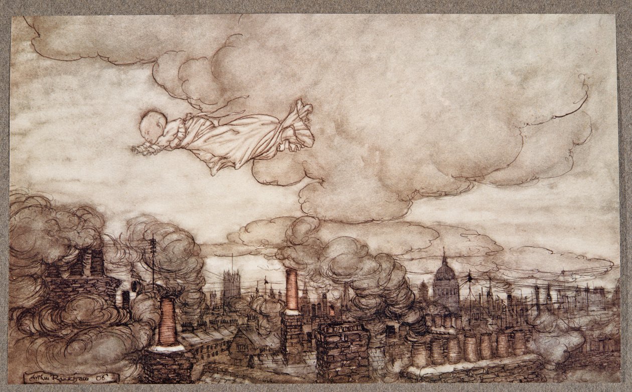 Weg vloog hij recht over de huizen naar de tuinen, uit Peter Pan in Kensington Gardens door J M Barrie (1860 - 1937), pub. 1906 door Arthur Rackham