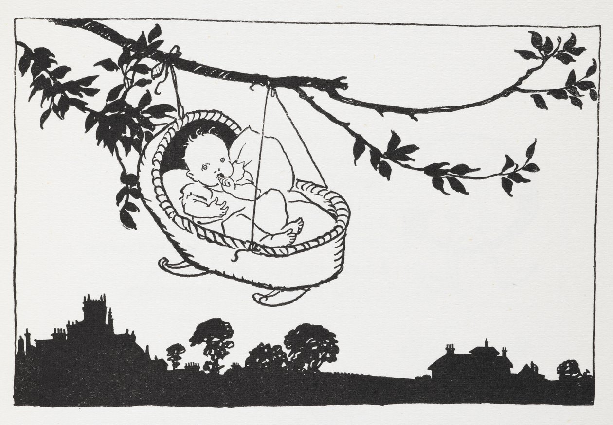 Baby in een wieg hangend aan een tak door Arthur Rackham