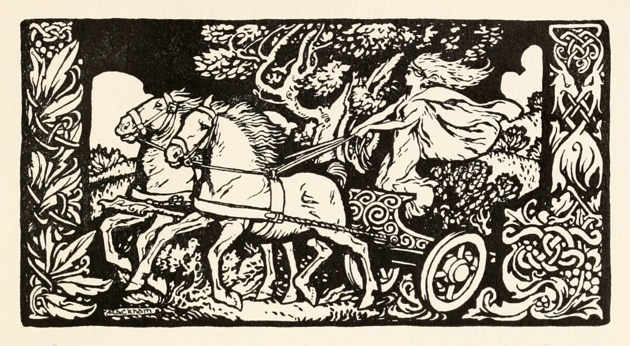 Becfola in haar wagen, uit The Wooing of Becfola in Irish Fairy Tales door Arthur Rackham