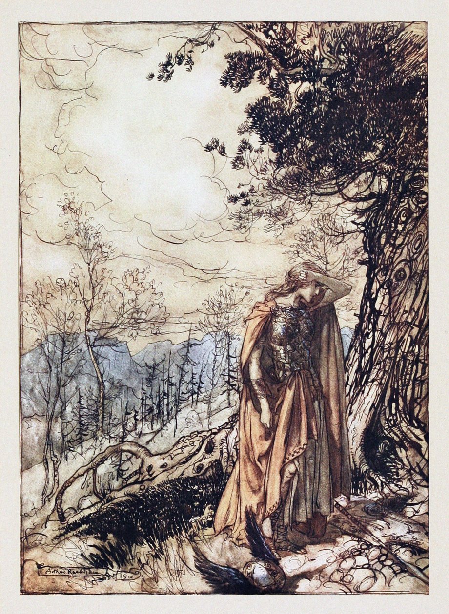 Brünnhilde. Illustratie voor Het Rijngoud en De Walkure van Richard Wagner door Arthur Rackham