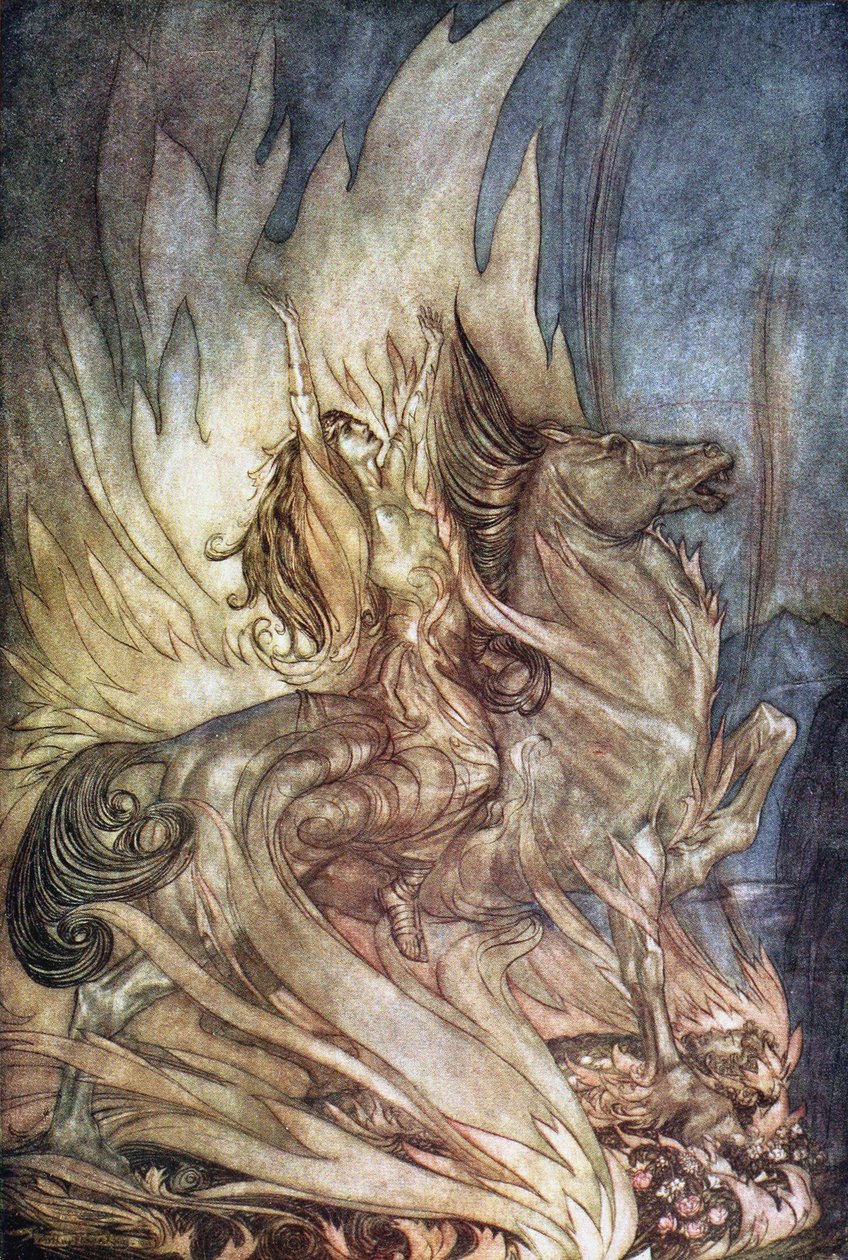 Brünnhilde op Grane springt op de brandstapel van Siegfried. Illustratie voor Siegfried en De Tw door Arthur Rackham