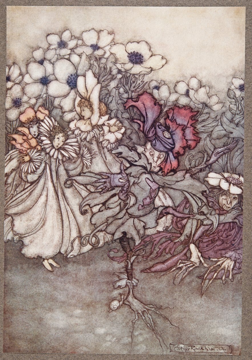 Maar als je kijkt, en ze vrezen dat er geen tijd is om zich te verstoppen, staan ze heel stil te doen alsof ze bloemen zijn, uit Peter Pan in Kensington Gardens door J M Barrie, pub. 1906 door Arthur Rackham