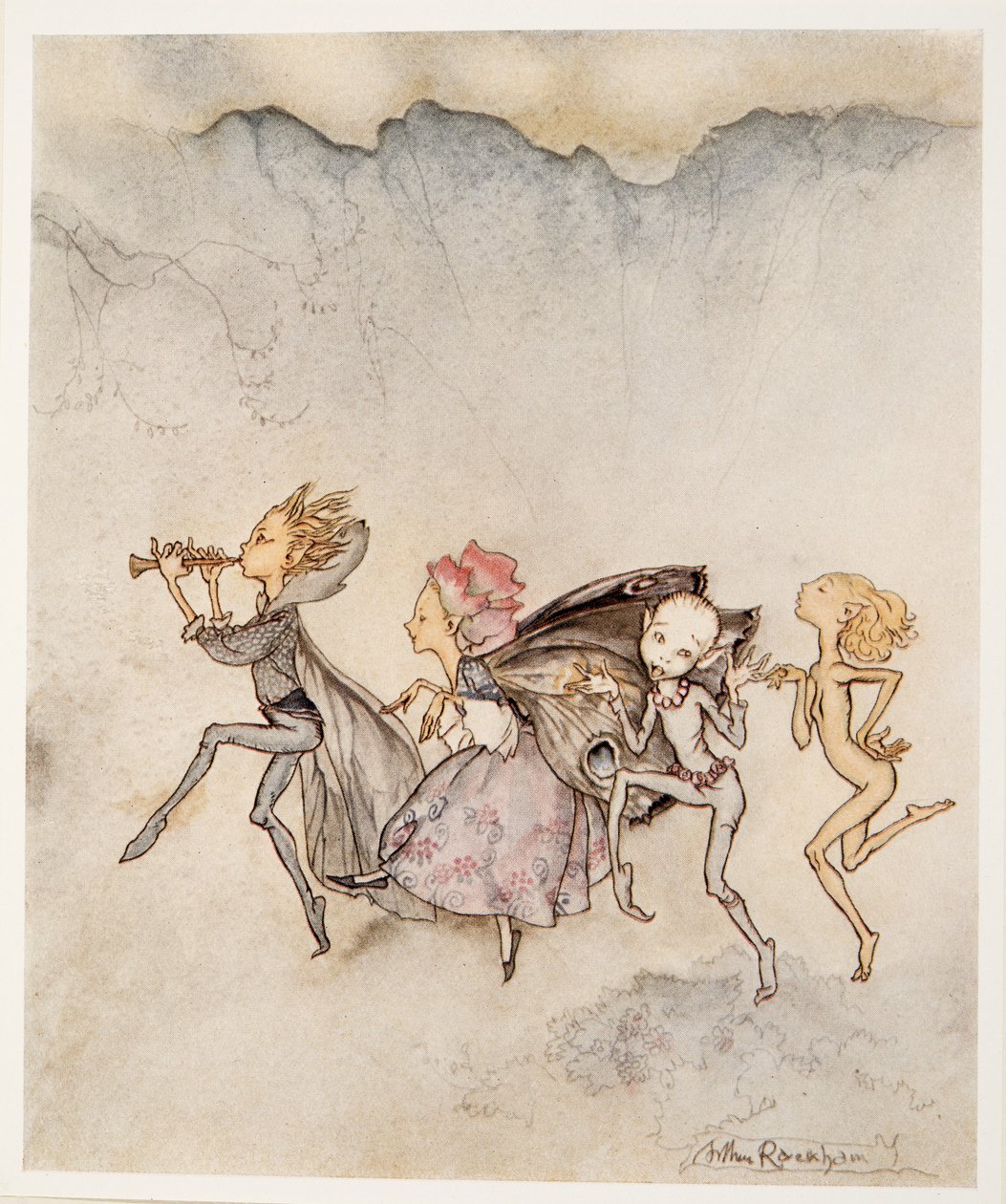 Iedereen, trippelend op zijn tenen, zal hier zijn met dweil en grijns, illustratie uit William Shakespeares De Storm, uitgegeven 1926 door Arthur Rackham
