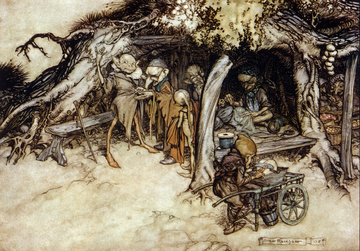 Elfen maken een jas, Illustratie door Arthur RACKHAM (1867-1939) voor De droom van een zomernacht door William SHAKESPEARE door Arthur Rackham