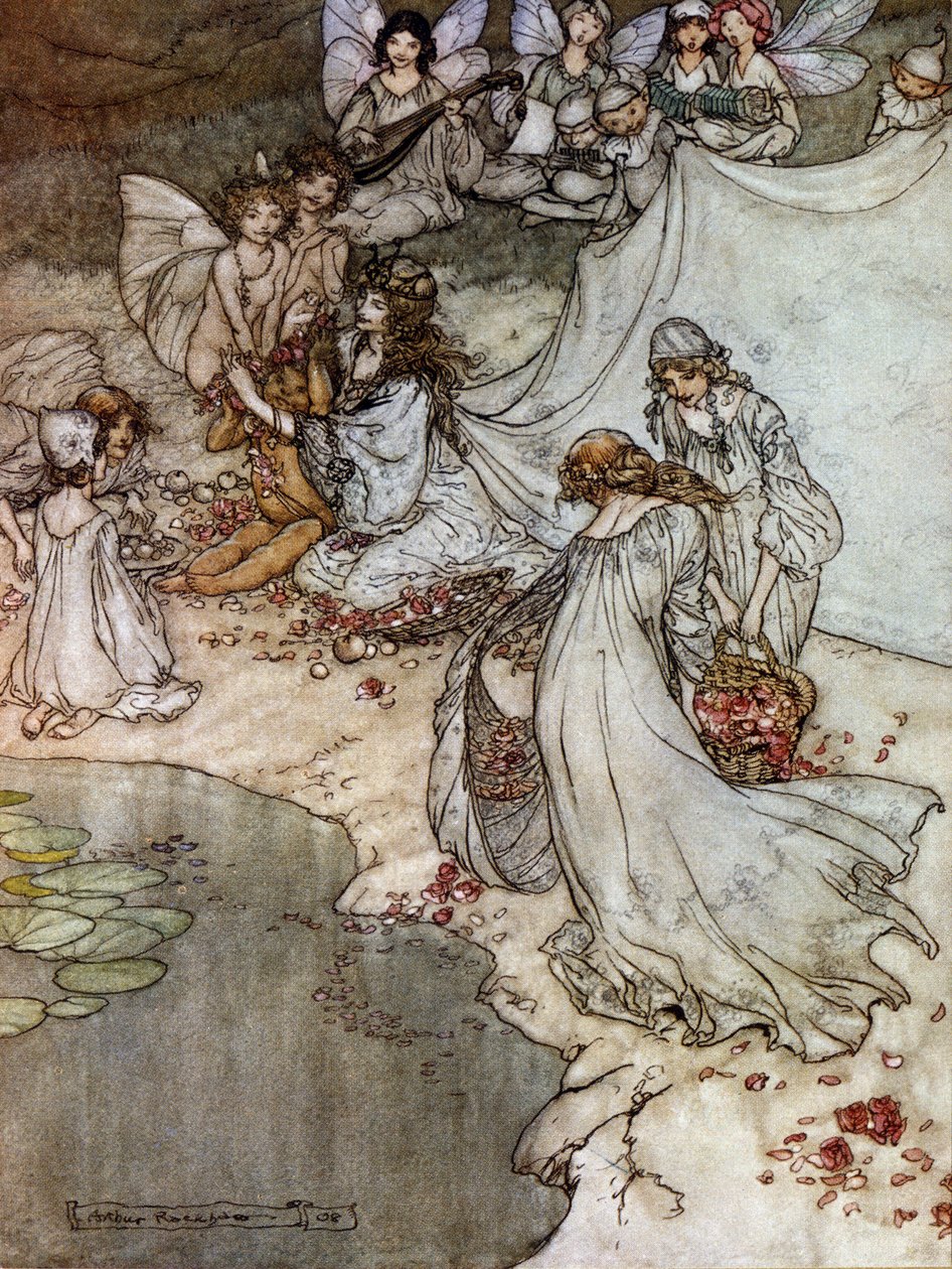 Elfen maken rozenkettingen. Illustratie voor De Droom van een Zomernacht door William Shakespeare door Arthur Rackham