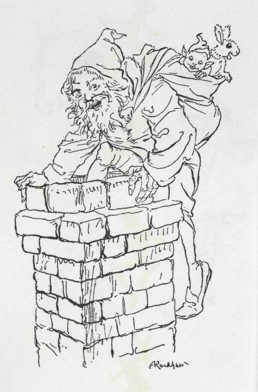 Kerstman die een schoorsteen in klimt met cadeaus door Arthur Rackham