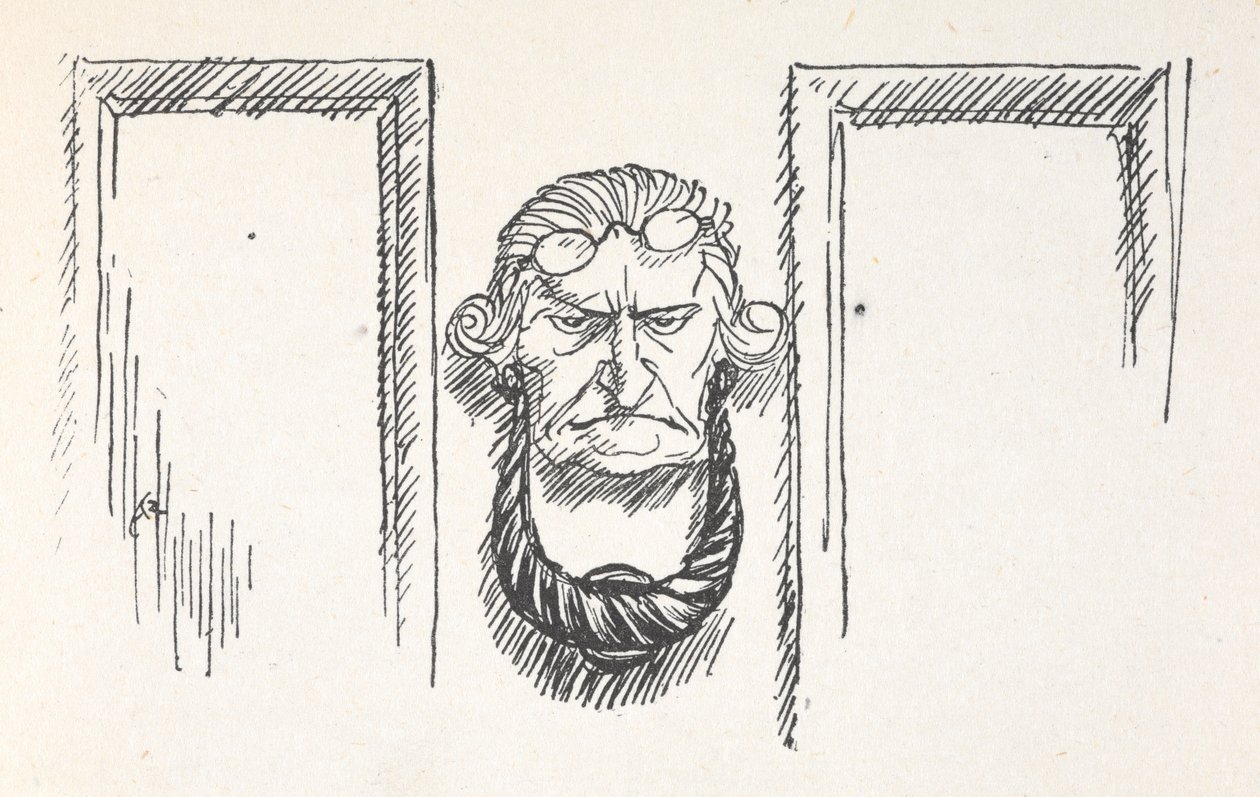 Voordeurklopper met het gezicht van Scrooge door Arthur Rackham