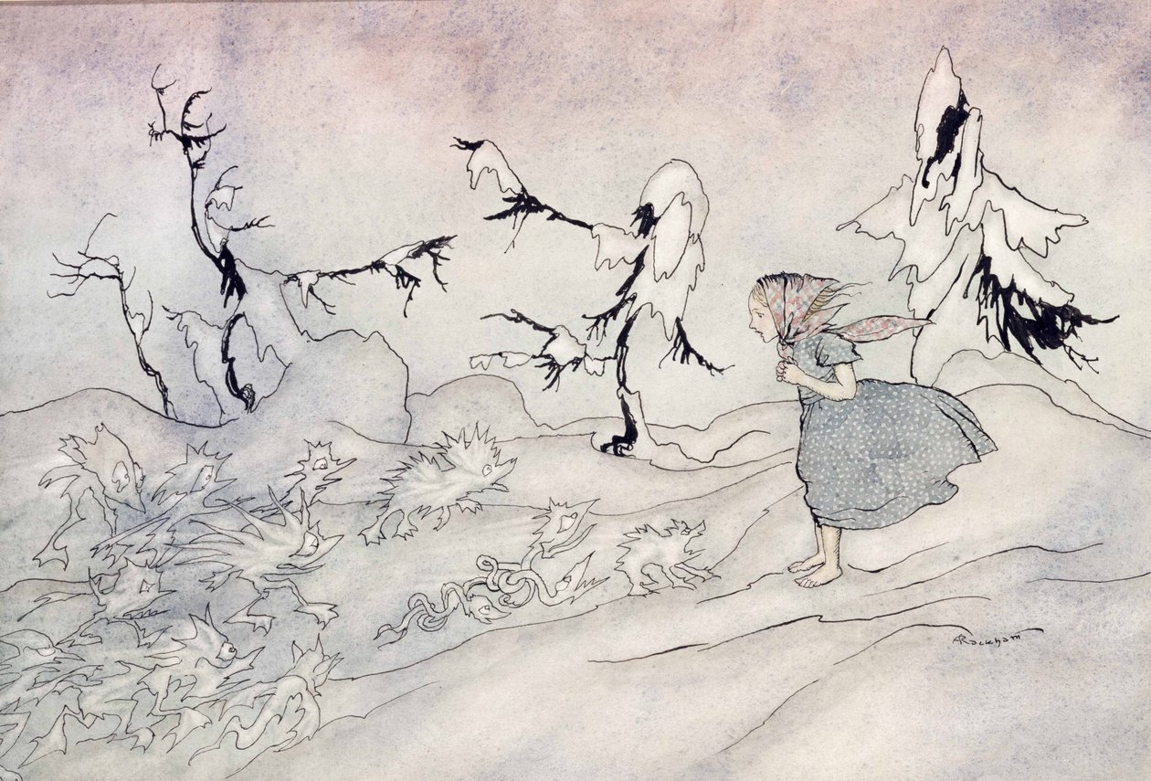 Gerda is doodsbang voor de voorhoede van de Sneeuwkoningin, maar ze zei Onze Vader en wordt gered door kleine heldere engelen, illustratie uit De Sneeuwkoningin door Hans Christian Andersen, gepubliceerd 1932 door Arthur Rackham
