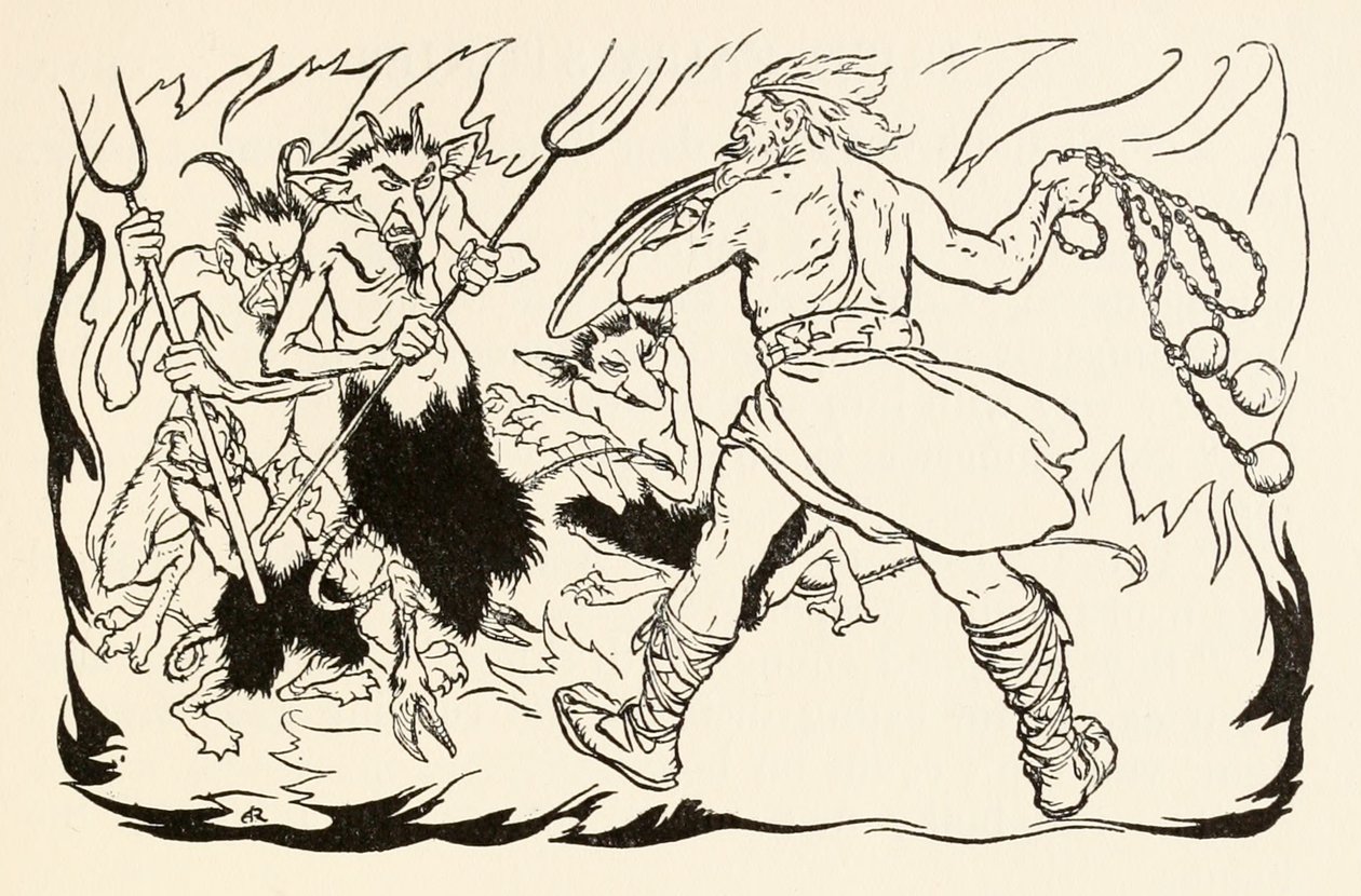 Goll mac Morna bestormt de hel om Fionn en de Fianna-Finn te redden, uit The Little Brawl at Allen in Irish Fairy Tales door Arthur Rackham