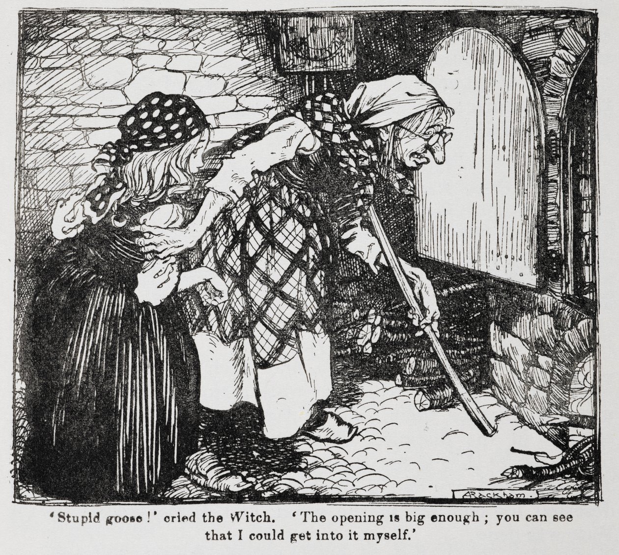 Grietje en de oude heks bij de oven uit Hans en Grietje door Arthur Rackham