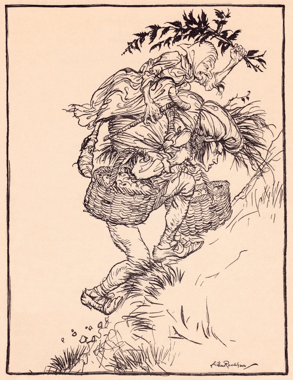 Kreunend voortdurend, beklom hij de berg. Illustratie door Arthur Rackham uit Grimm