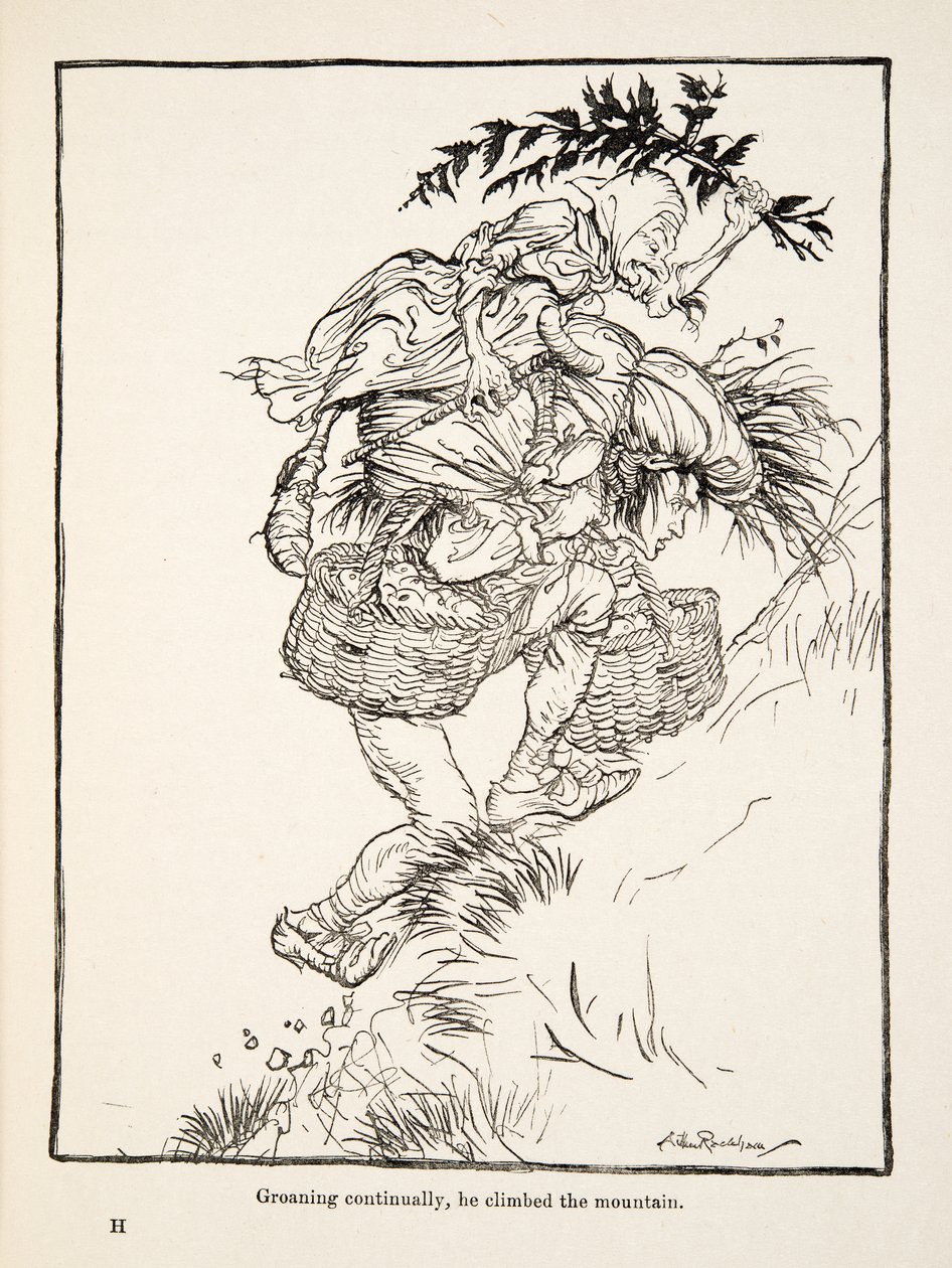 Hij klauterde voortdurend kreunend de berg op, uit Kleine Broer & Kleine Zus en Andere Verhalen door de Gebroeders Grimm, pub.1917 (litho) door Arthur Rackham