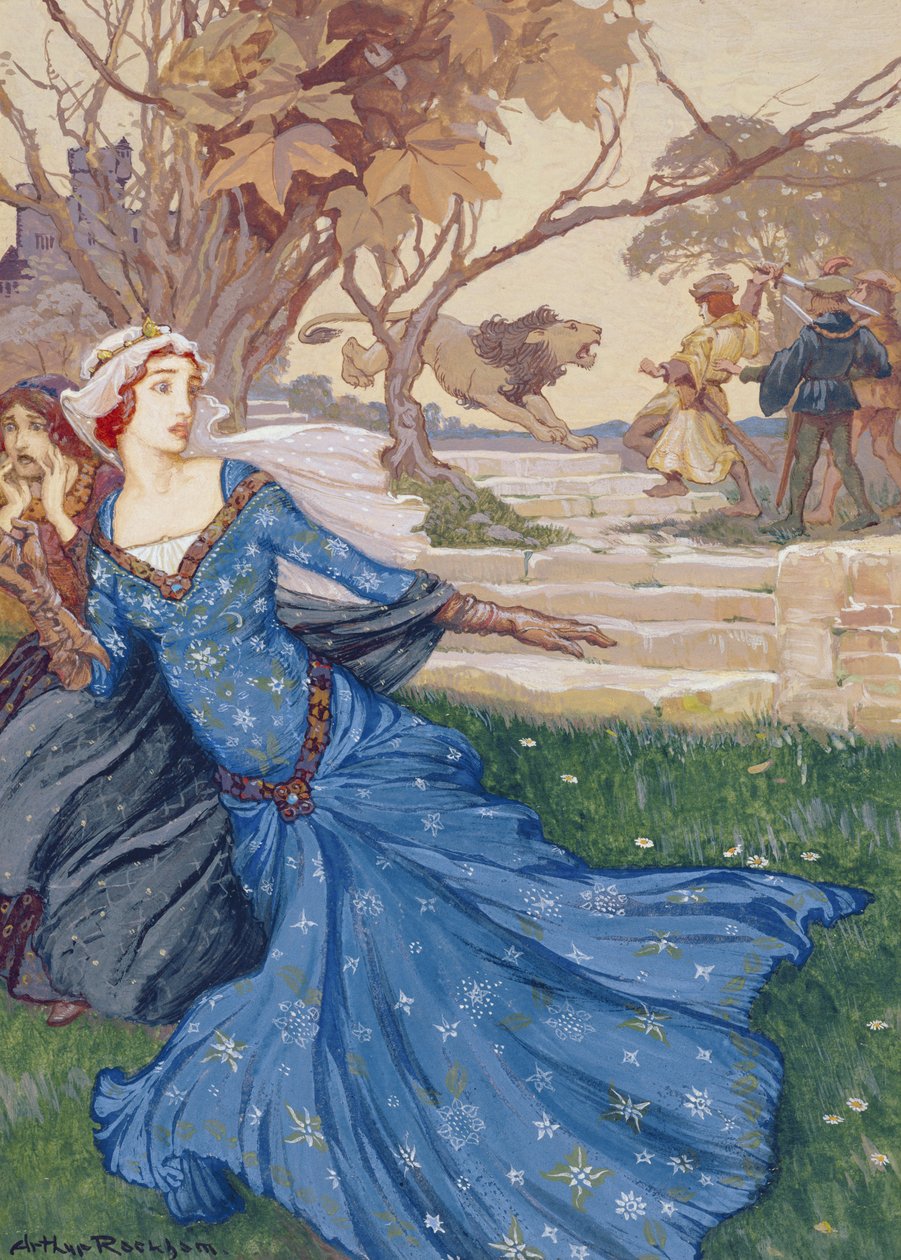 Guinevere gered door La Cote Male Taile, illustratie uit Een verzameling verhalen uit oude sprookjes: Grimm, Andersen en verhalen van Koning Arthur, gepubliceerd 1905 door Arthur Rackham