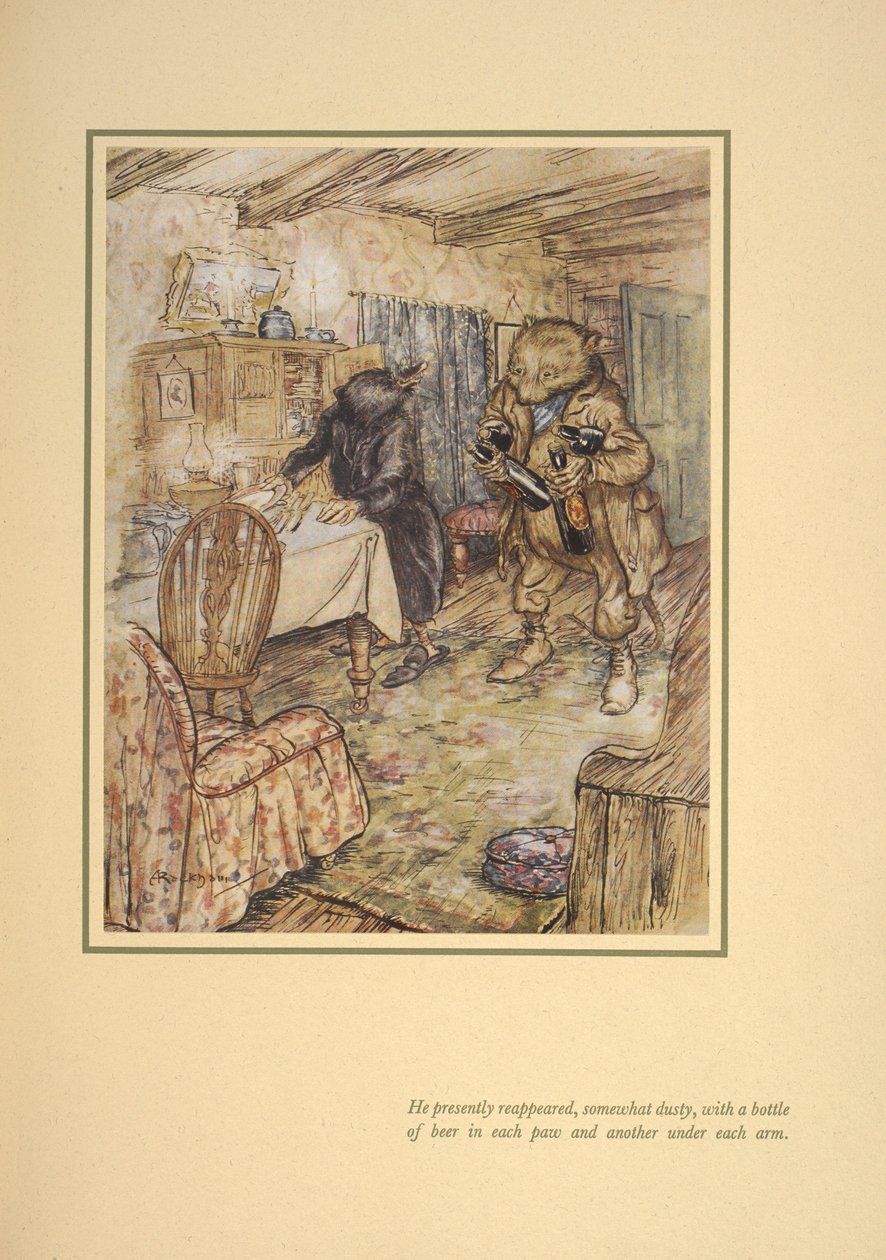 Hij verscheen weer, enigszins stoffig, met een fles bier onder elke arm door Arthur Rackham