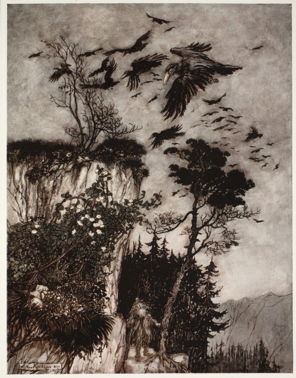 Hij werd alleen beantwoord door een zwerm luie kraaien., uit Rip Van Winkle door Washington Irving, uitgegeven 1910 door Arthur Rackham
