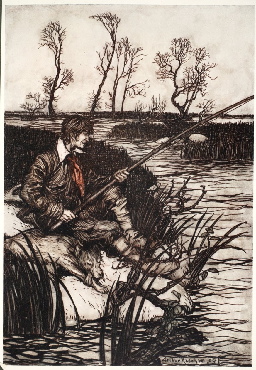 Hij zou de hele dag op een natte rots zitten en vissen., uit Rip Van Winkle door Washington Irving, pub. 1910 door Arthur Rackham