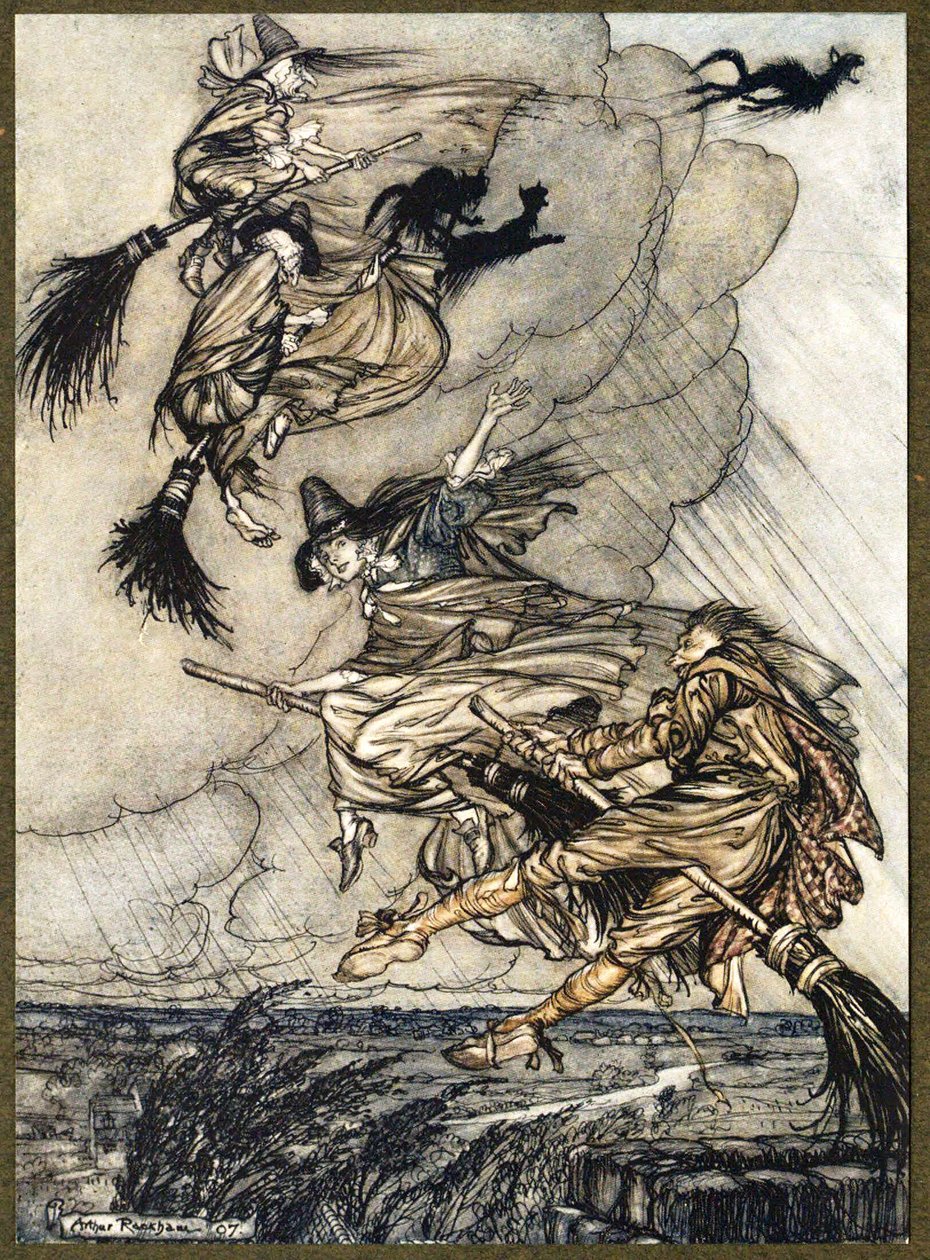 Hé! De schoorsteen in, meid! Hé, na jou!, uit The Ingoldsby Legends, pub. 1907 door Arthur Rackham