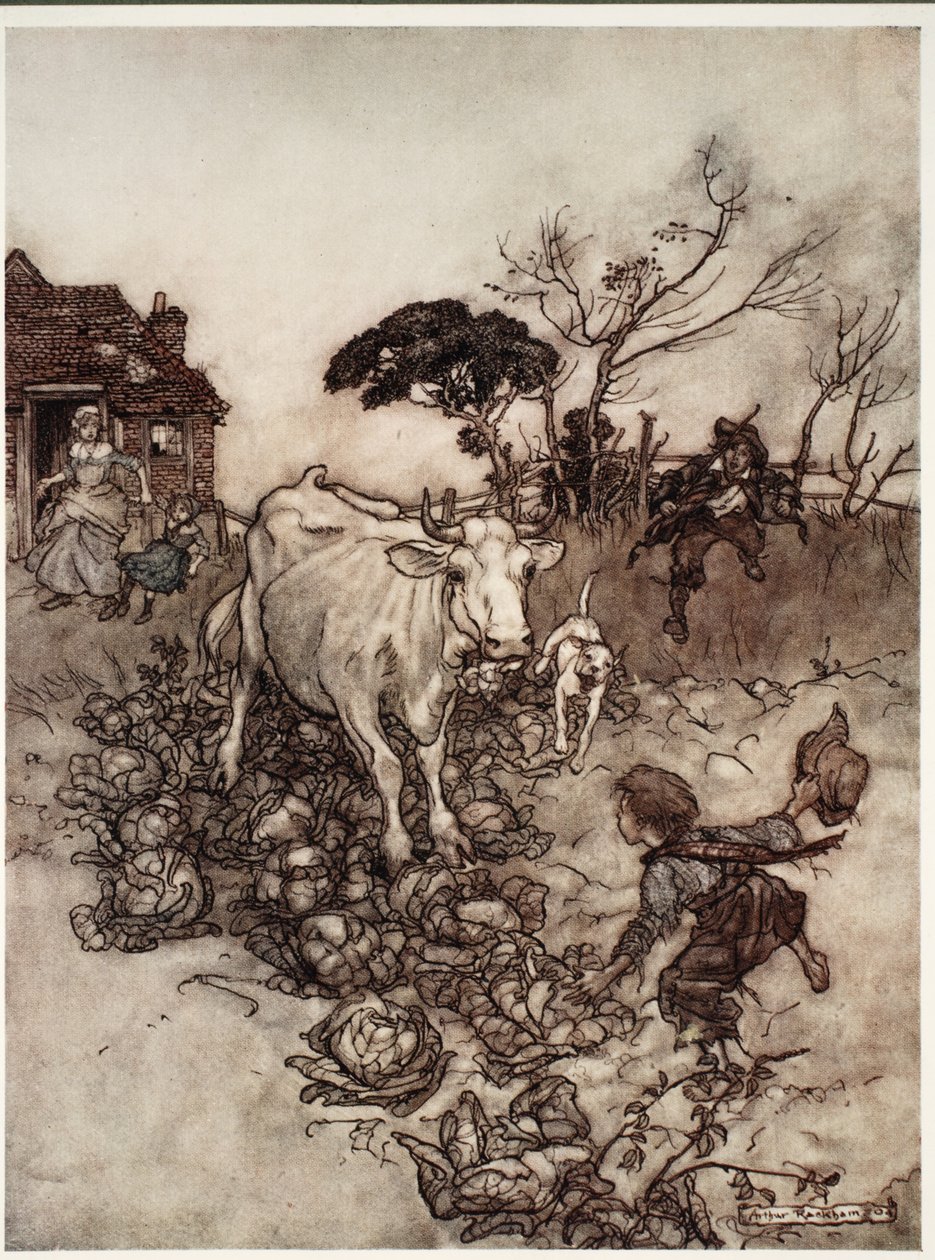 Zijn koe zou verdwalen of tussen de kool komen., uit Rip Van Winkle door Washington Irving, pub. 1910 door Arthur Rackham
