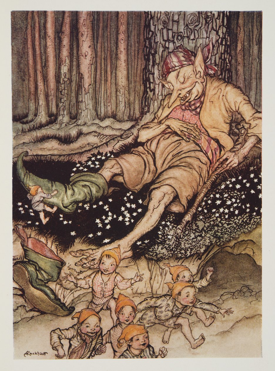 Klein Duimpje ging zachtjes naar de reus en trok zijn zevenmijlslaarzen uit, uit The Arthur Rackham Fairy Book, gepubliceerd 1933 door Arthur Rackham