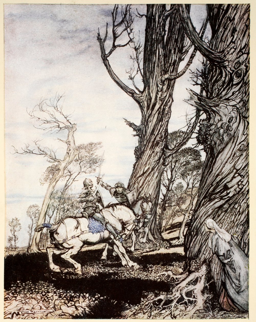 Hoe Sir Launcelot de ridder Sir Peris de Forest Savage doodde die dames, jonkvrouwen en vrouwen in nood bracht, illustratie uit 