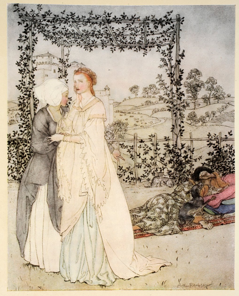 Hoe Tristram werd herkend door de kleine brachet in de tuin van het kasteel van Koning Mark, illustratie uit 