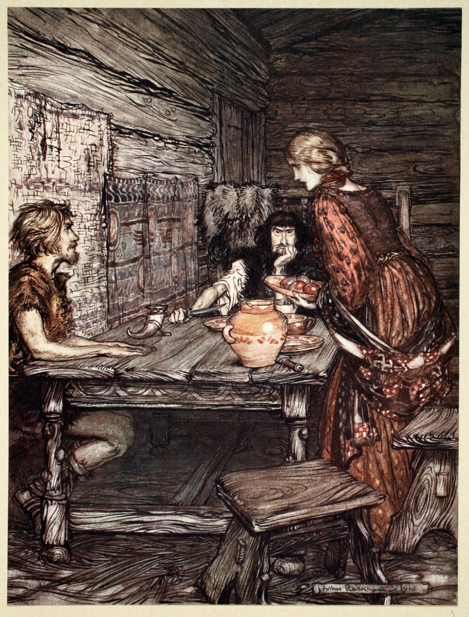 Hunding ontdekt de gelijkenis tussen Siegmund en Sieglunde, 1910 door Arthur Rackham