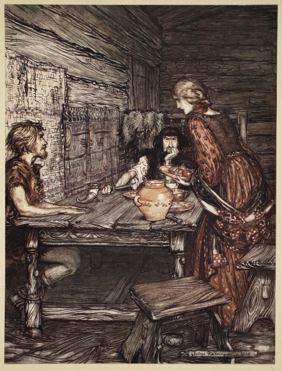 Hunding ontdekt de gelijkenis tussen Siegmund en Sieglunde, illustratie uit 