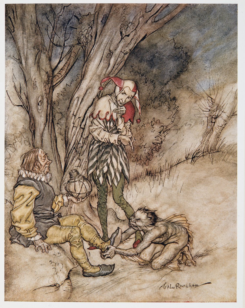 Ik zal je voet kussen: ik zal zweren dat ik je onderdaan ben, illustratie uit William Shakespeares De Storm, uitgegeven 1926 door Arthur Rackham