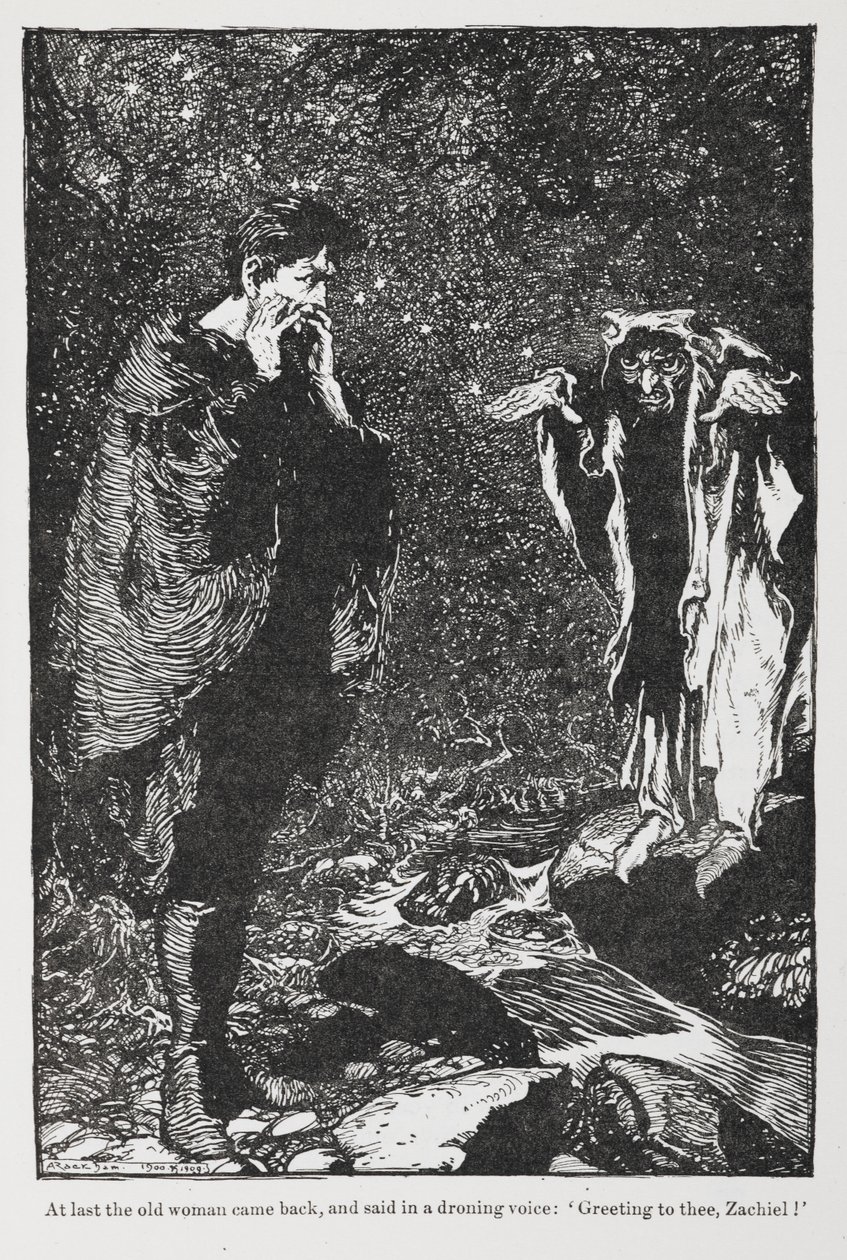 Illustratie uit Jorinde en Joringel van Zachiel en de oude vrouw door Arthur Rackham