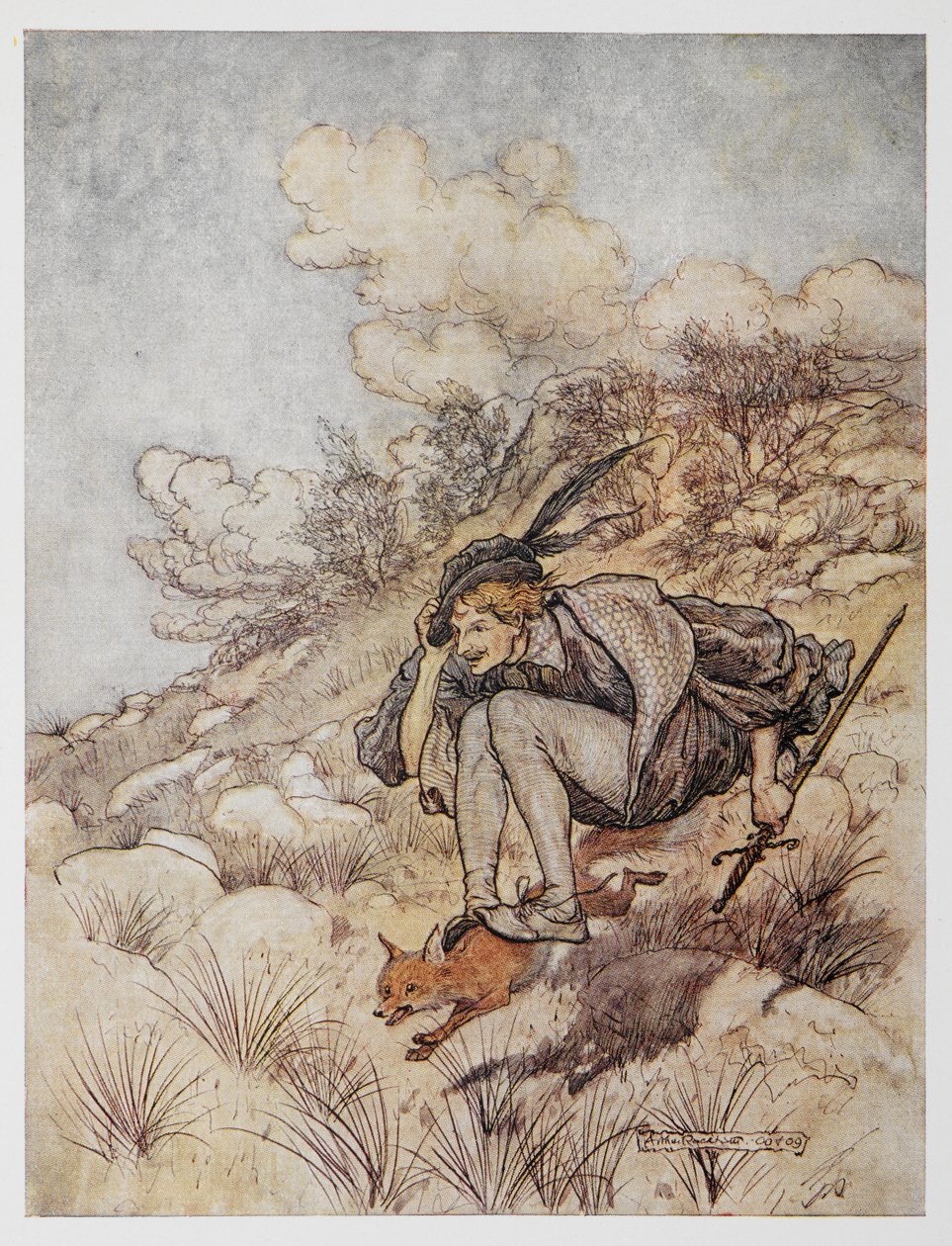 Illustratie van een prins die op een vos rijdt uit De Gouden Vogel door Arthur Rackham