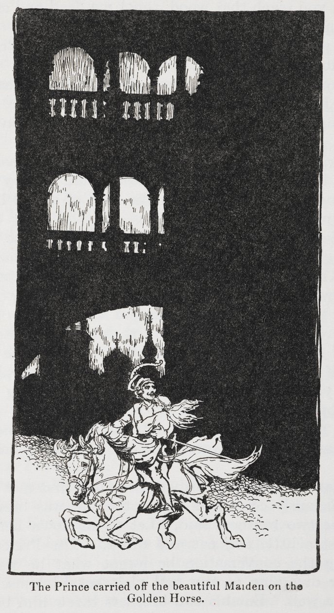 Illustratie uit De Gouden Vogel wanneer de prins de jonkvrouw op een paard wegvoert door Arthur Rackham