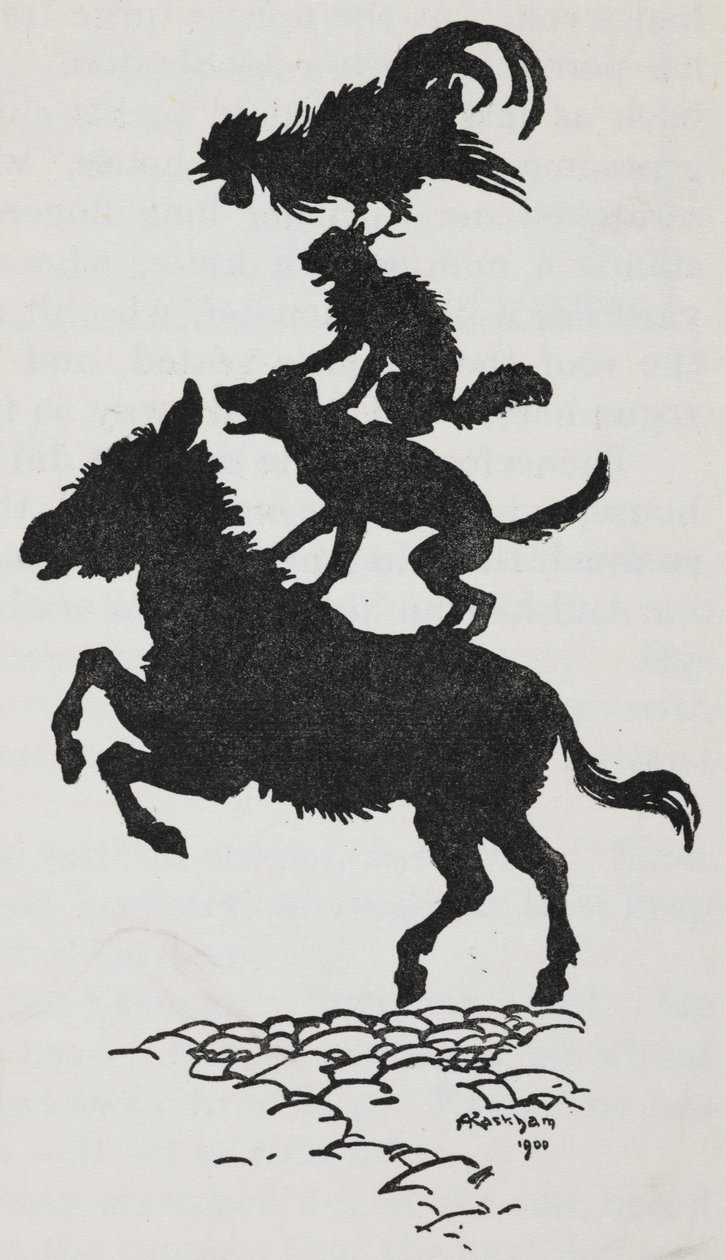 Illustratie van de Bremer Stadsmuzikanten van een ezel, hond, kat en haan door Arthur Rackham
