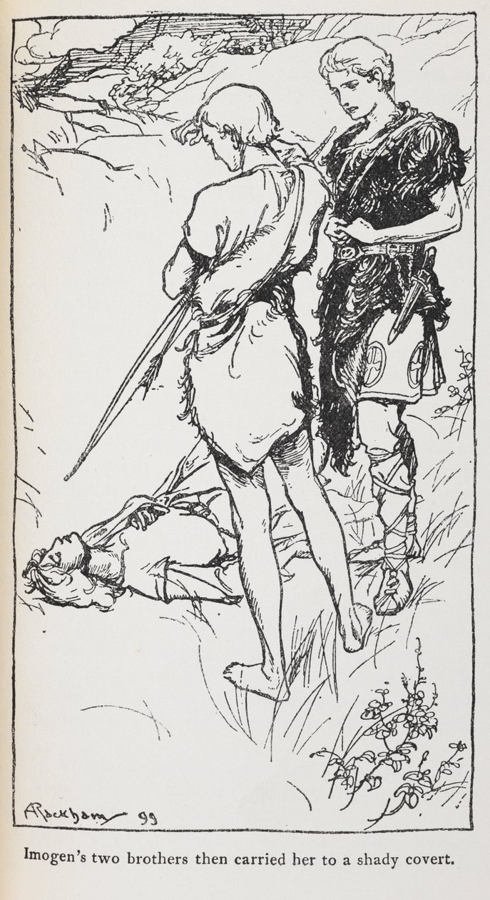 Illustratie van Imogen en haar broers uit Cymbeline. door Arthur Rackham