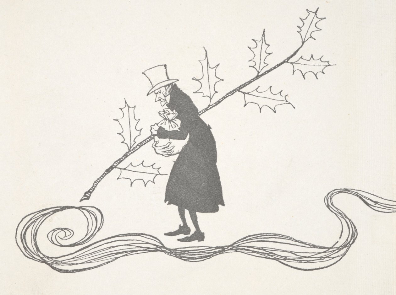 Illustratie van Scrooge, afgebeeld met een takje hulst, een zak geld vasthoudend en boos kijkend door Arthur Rackham