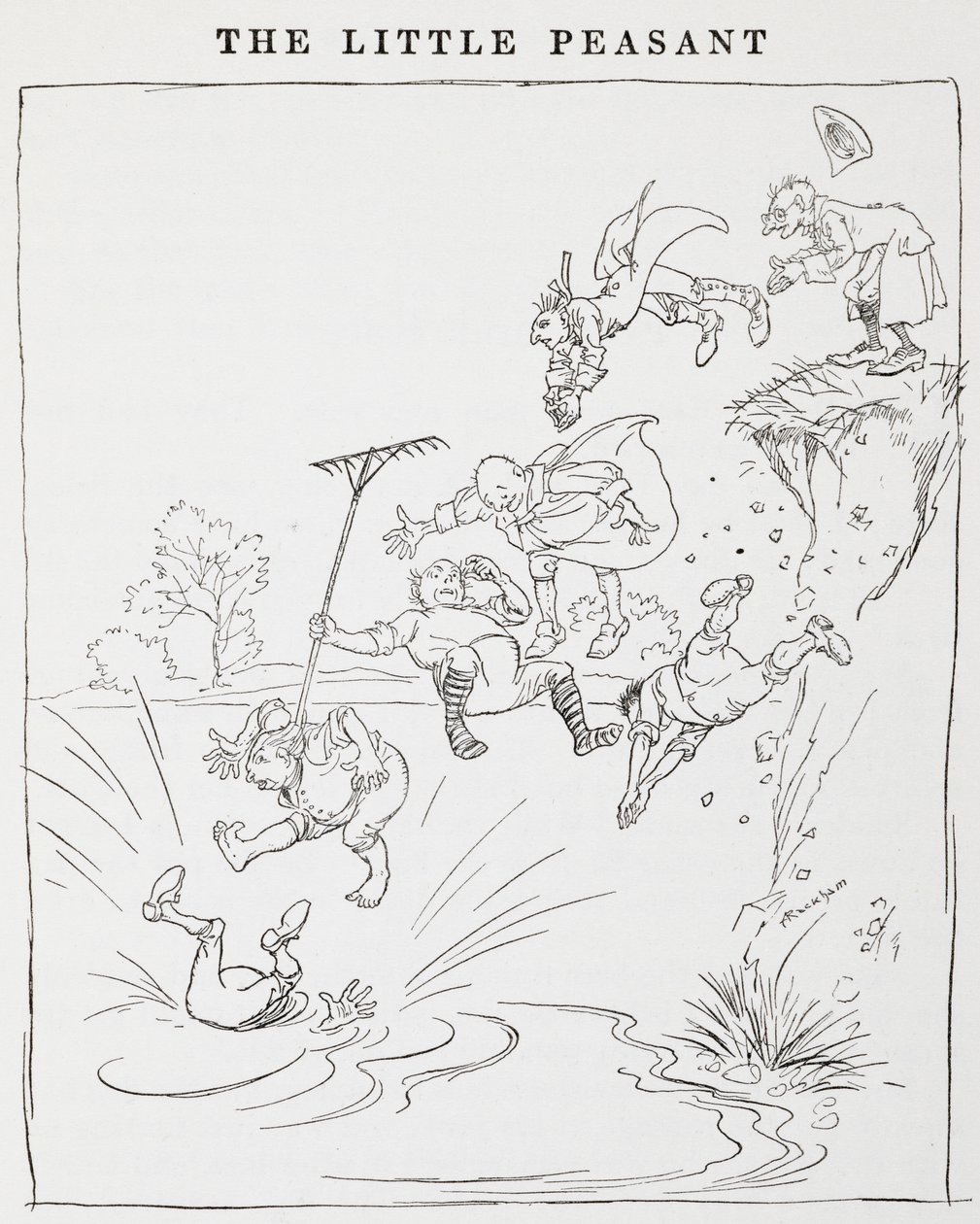 Illustratie van mannen die van een klif in een vijver springen uit De Kleine Boeren door Arthur Rackham