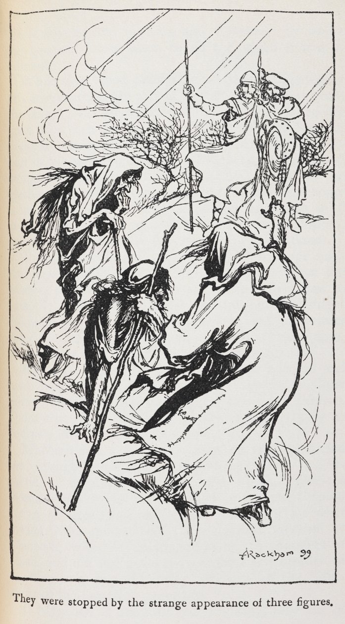 Illustratie van de drie heksen, Macbeth en Banquo door Arthur Rackham
