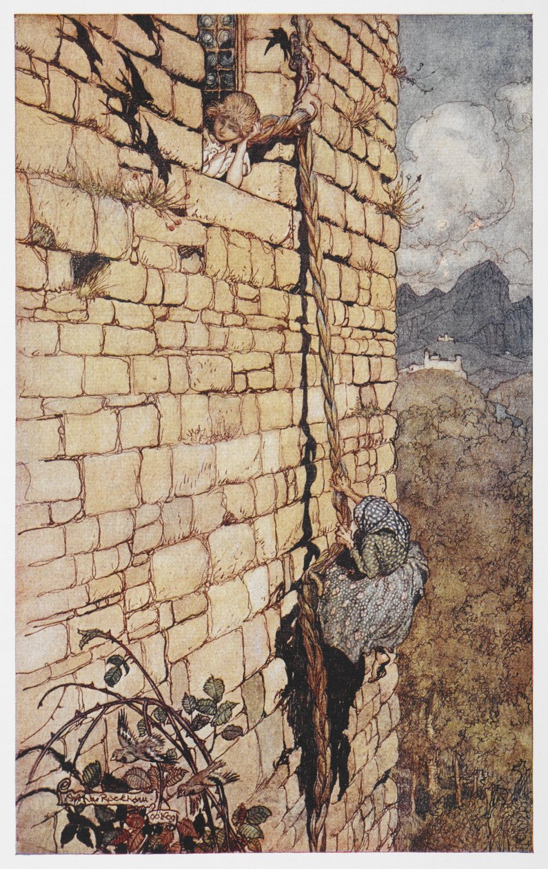 Illustratie van de heks die Rapunzels haar beklimt door Arthur Rackham