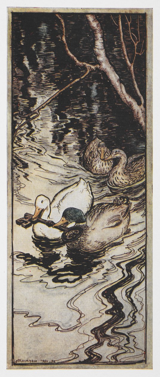 Illustratie van twee eenden die een sleutel dragen uit De Koningin Bij door Arthur Rackham