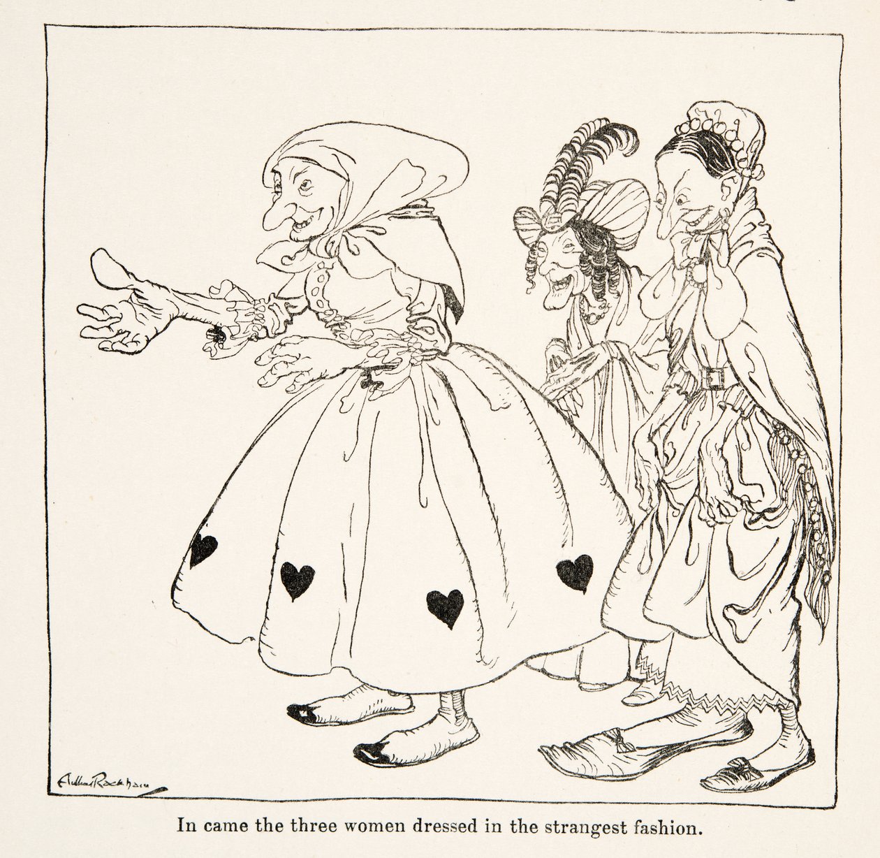 Toen kwamen de drie vrouwen binnen, gekleed in de vreemdste mode, uit Kleine Broer & Kleine Zus en Andere Verhalen door de Gebroeders Grimm, uitgegeven 1917 door Arthur Rackham